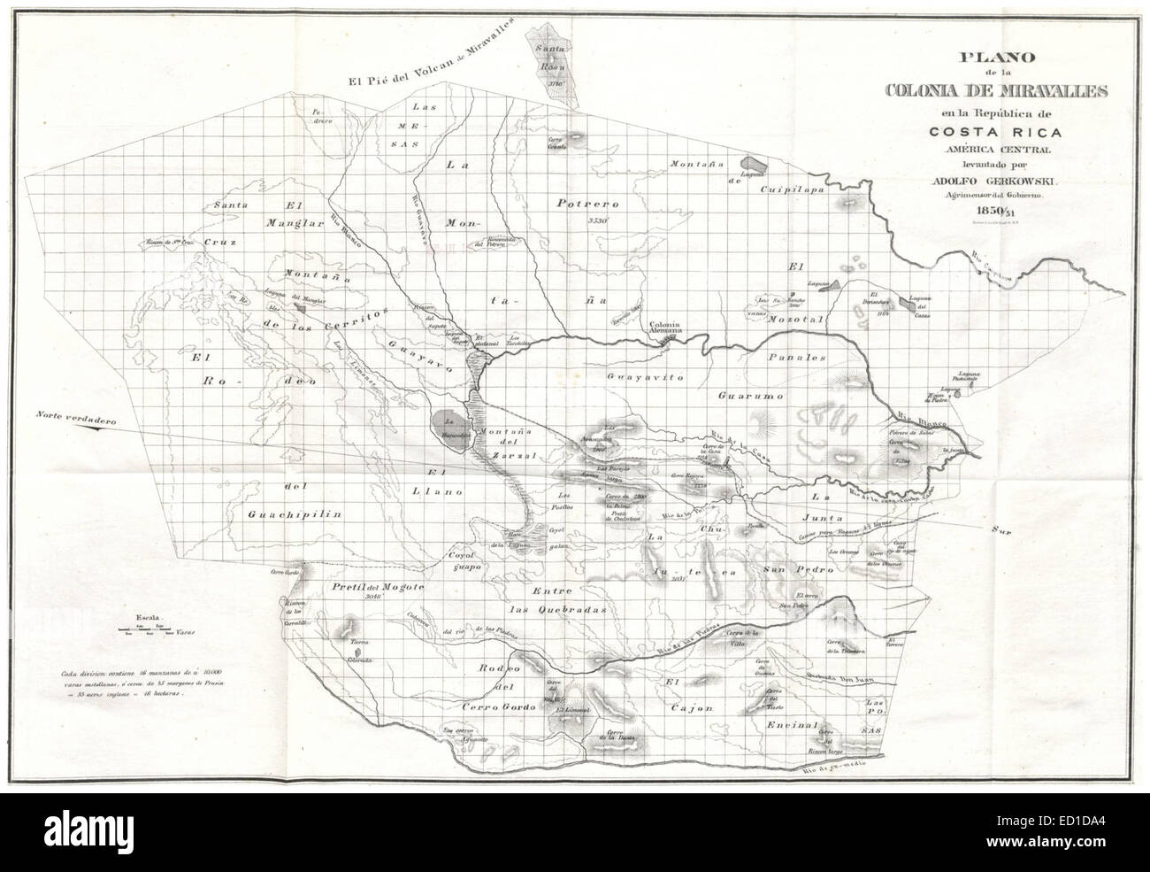 Plano de la Colonia de Miravalles en la Republica de Costa Rica, America Central (1851) Stock Photo