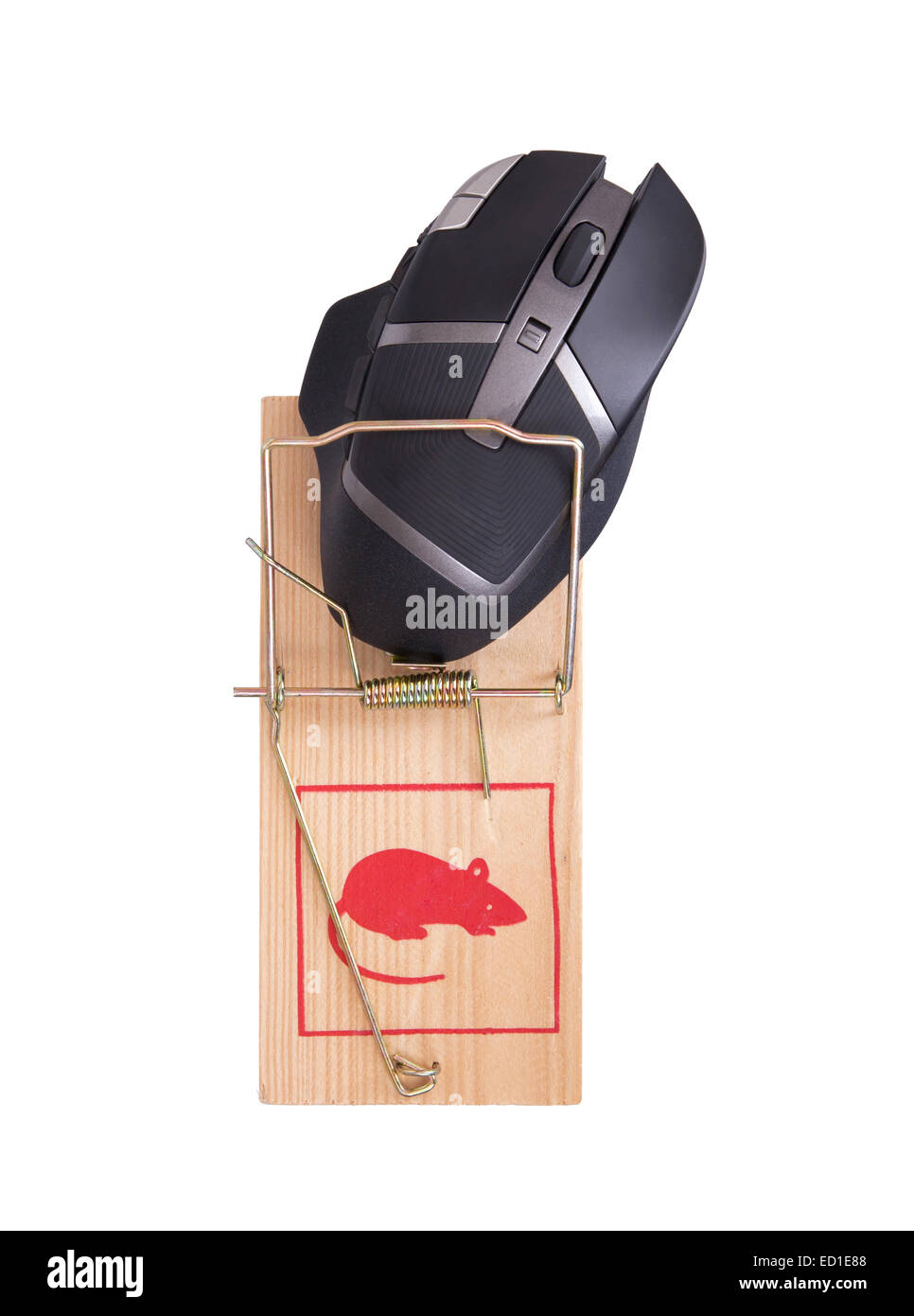 Modern computer mouse in a mousetrap against white background Stock