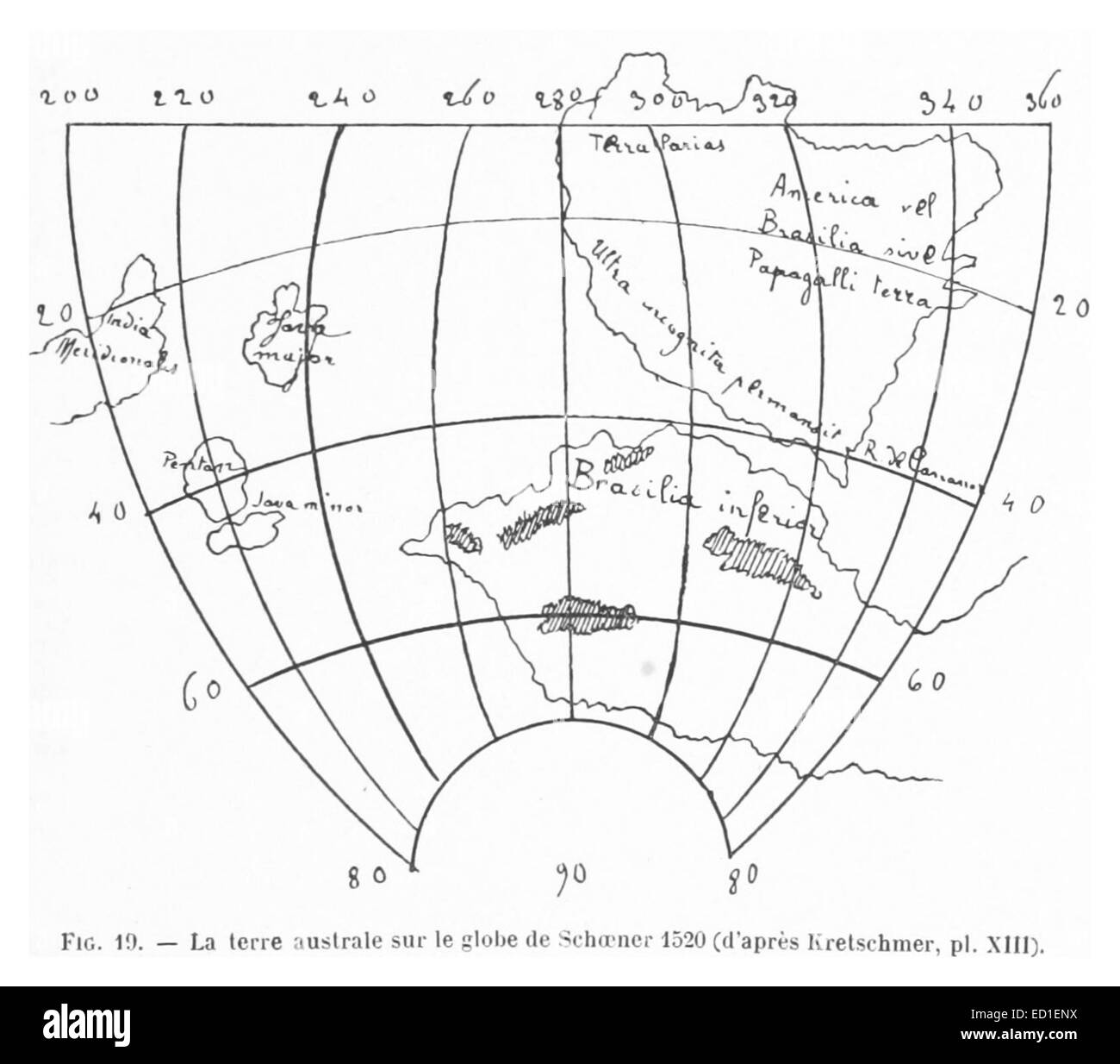 RAINAUD(1893) Fig. 19. La terre australe sur le globe de Schoener 1520 Stock Photo