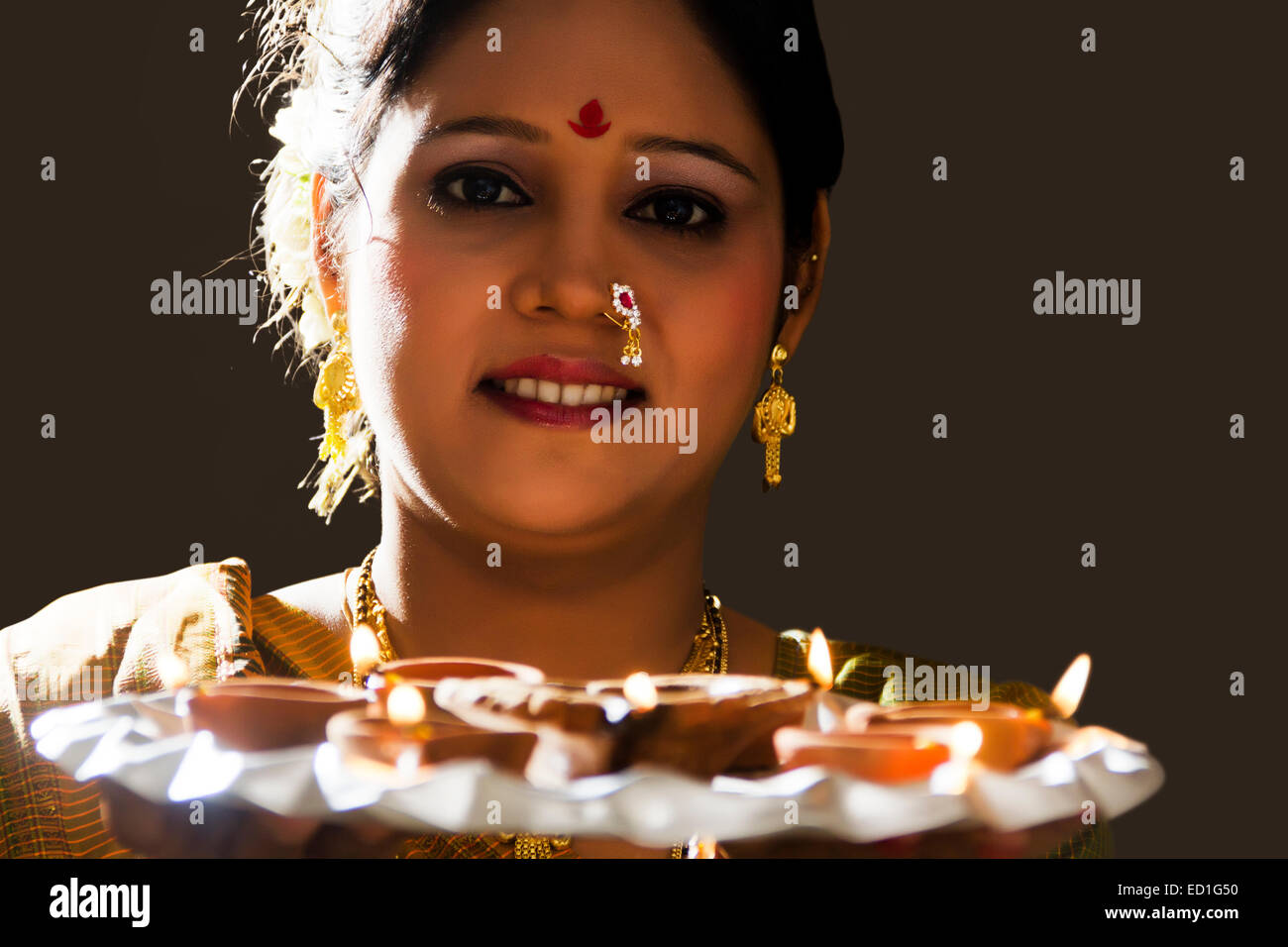 1 South  indian Lady Worship  Diwali  Festival Stock Photo