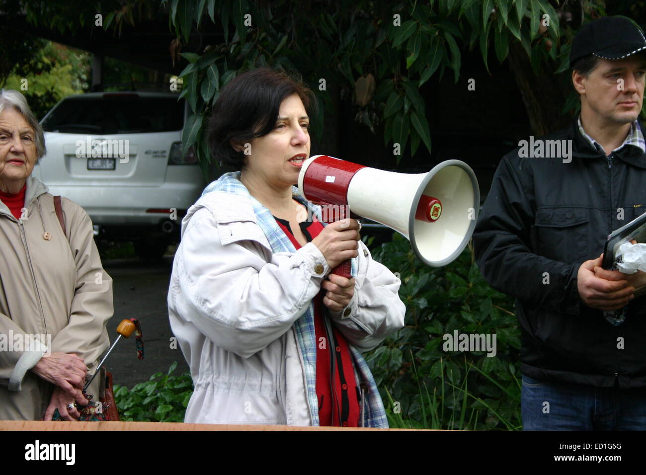 Boronia resident Karin Kaufmann, conducts vocal protest against high rise/high density housing in her suburb. Stock Photo