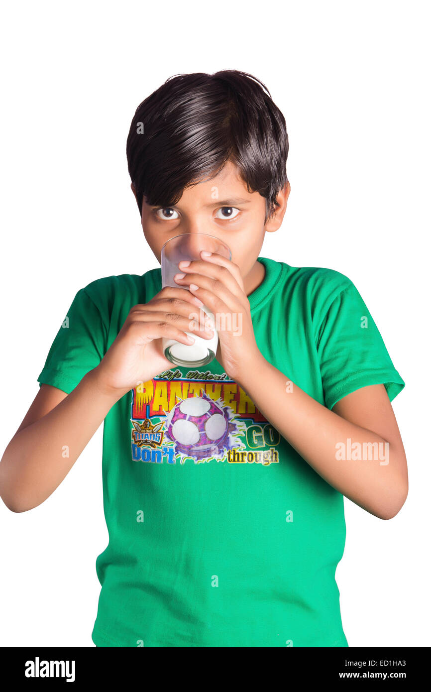 1 indian child boy Drinking milk Stock Photo