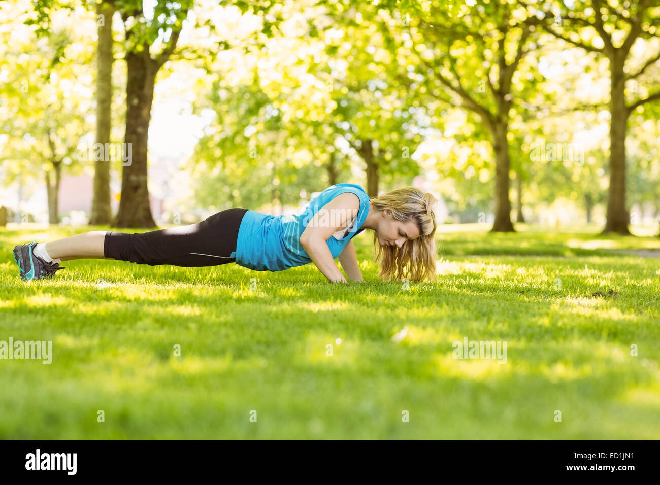 Fit blonde doing push ups in the park Stock Photo - Alamy
