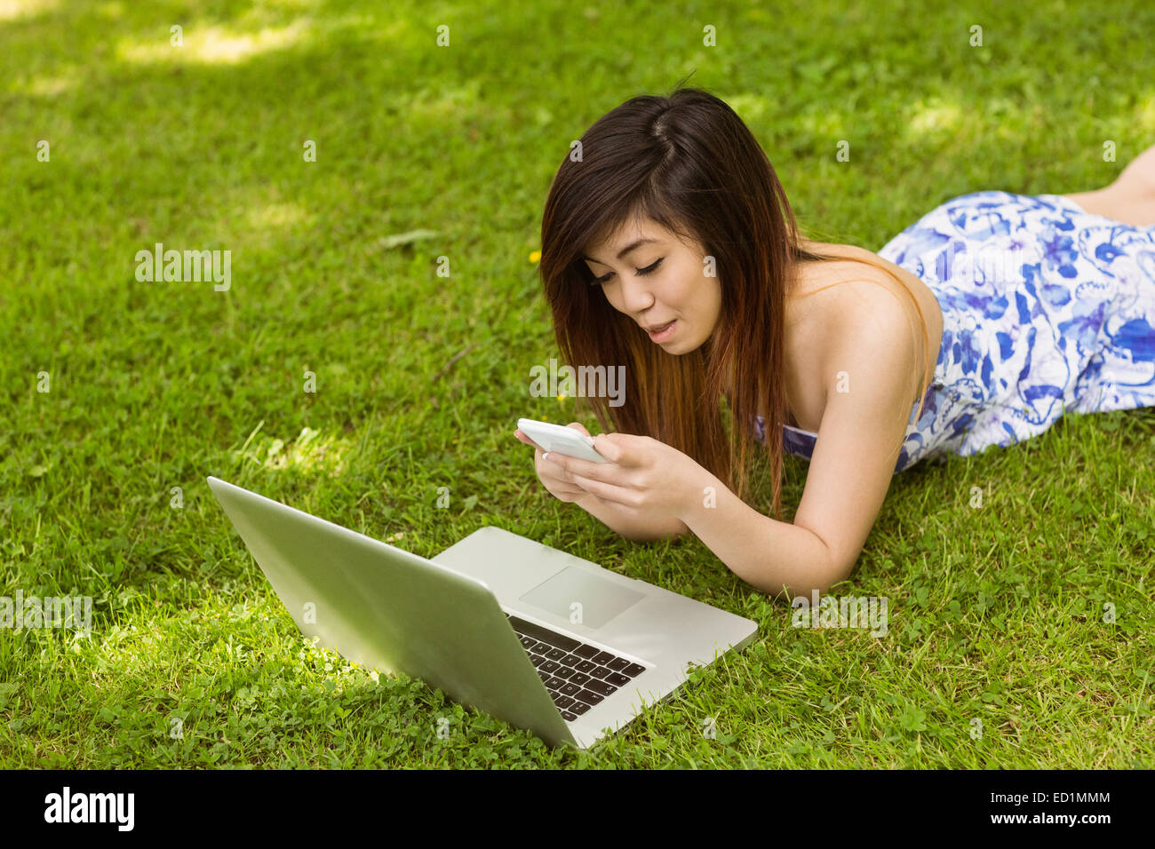 Beautiful woman text messaging in park Stock Photo