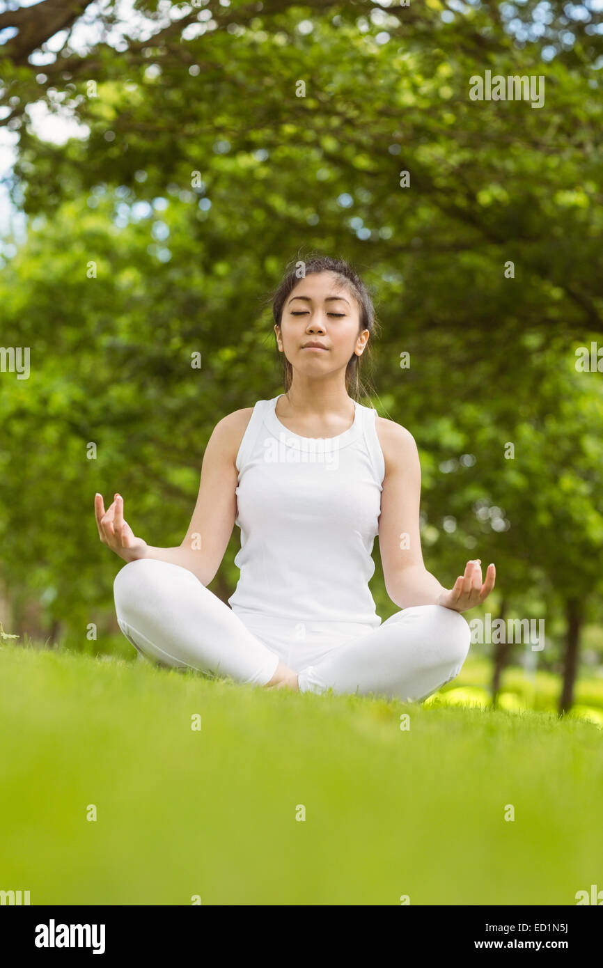 Healthy woman sitting in lotus pose at park Stock Photo