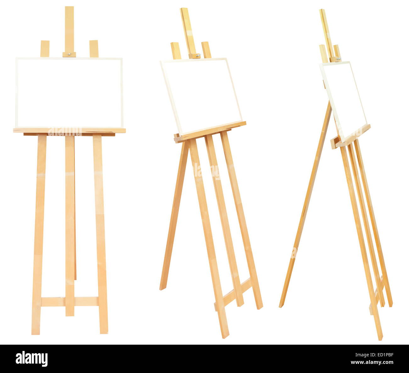 set of wooden easels with picture frame isolated on white background