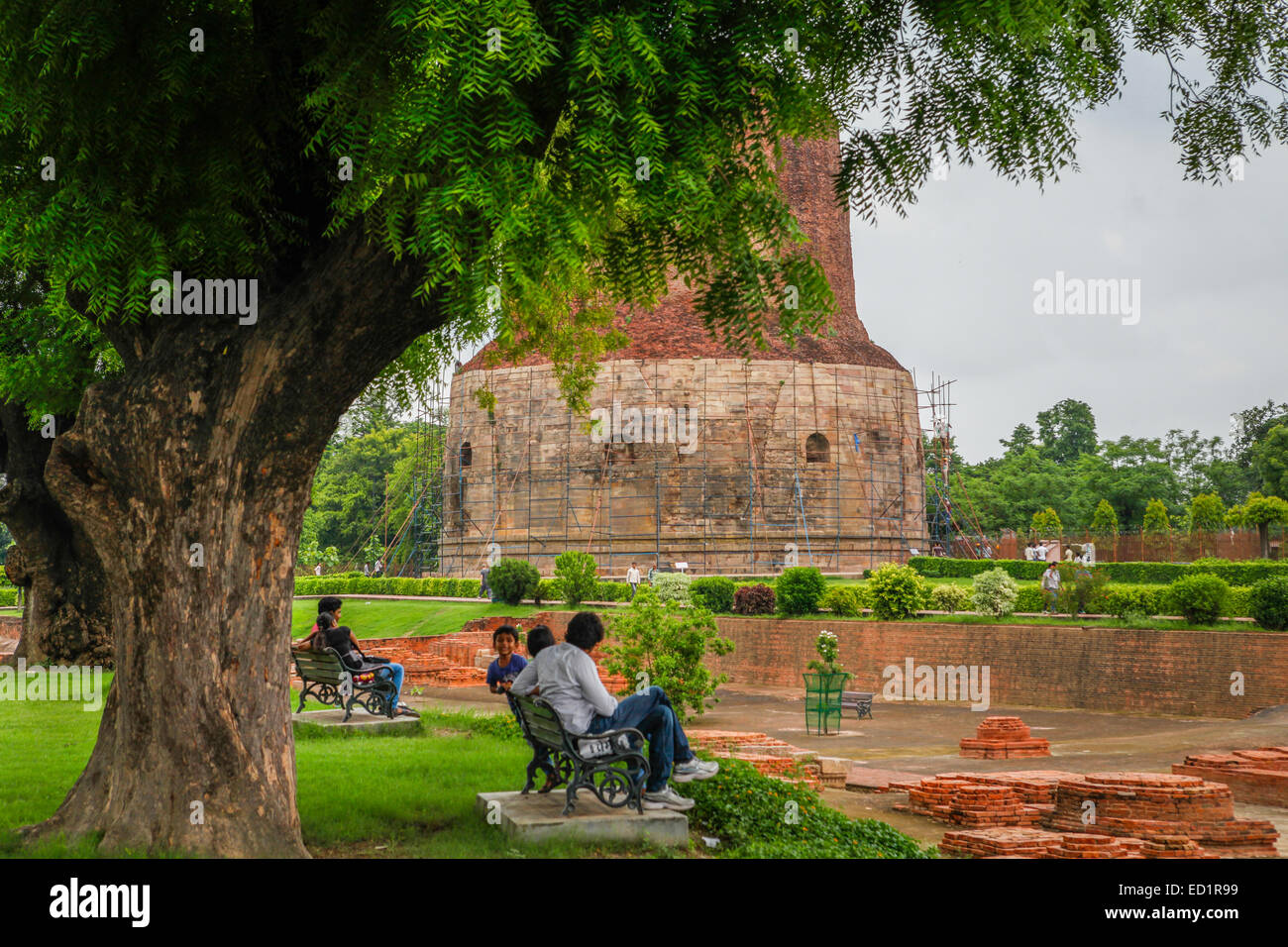 Visitors sitting on benches, in a background of Dhamek stupa in Sarnath, on the outskirts of Varanasi, Uttar Pradesh, India. Stock Photo