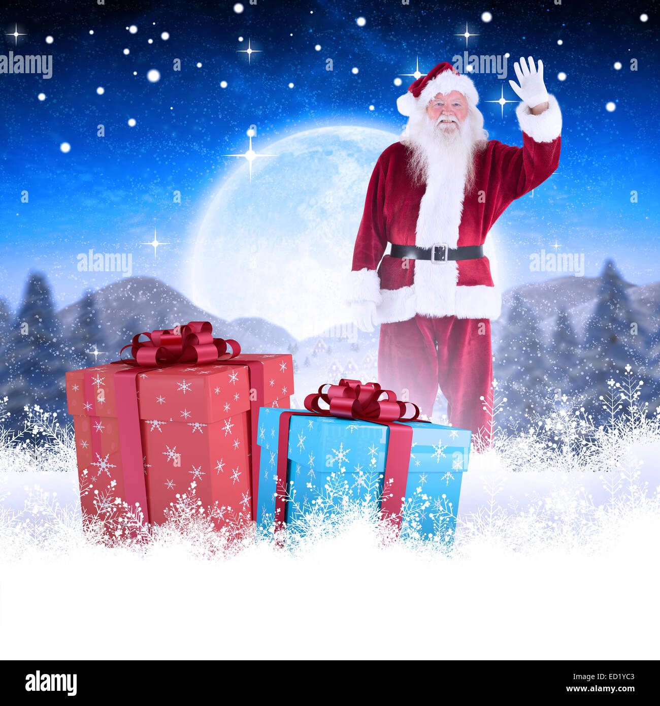 Composite image of jolly santa waving at camera Stock Photo - Alamy