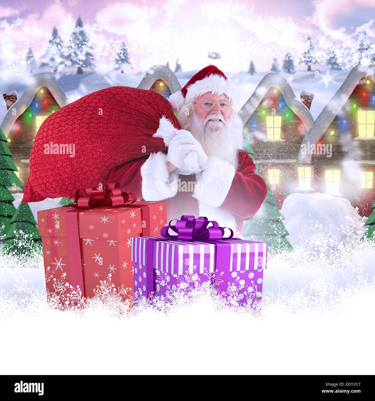 Composite image of santa carries his red bag and smiles Stock Photo - Alamy