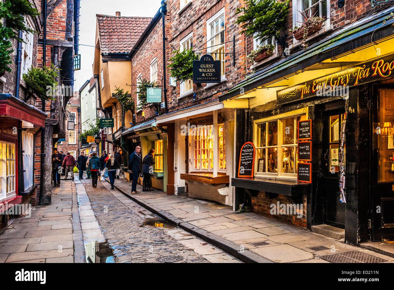 The Shambles, the historic, medieval street in the old city centre of York at twilight. Stock Photo