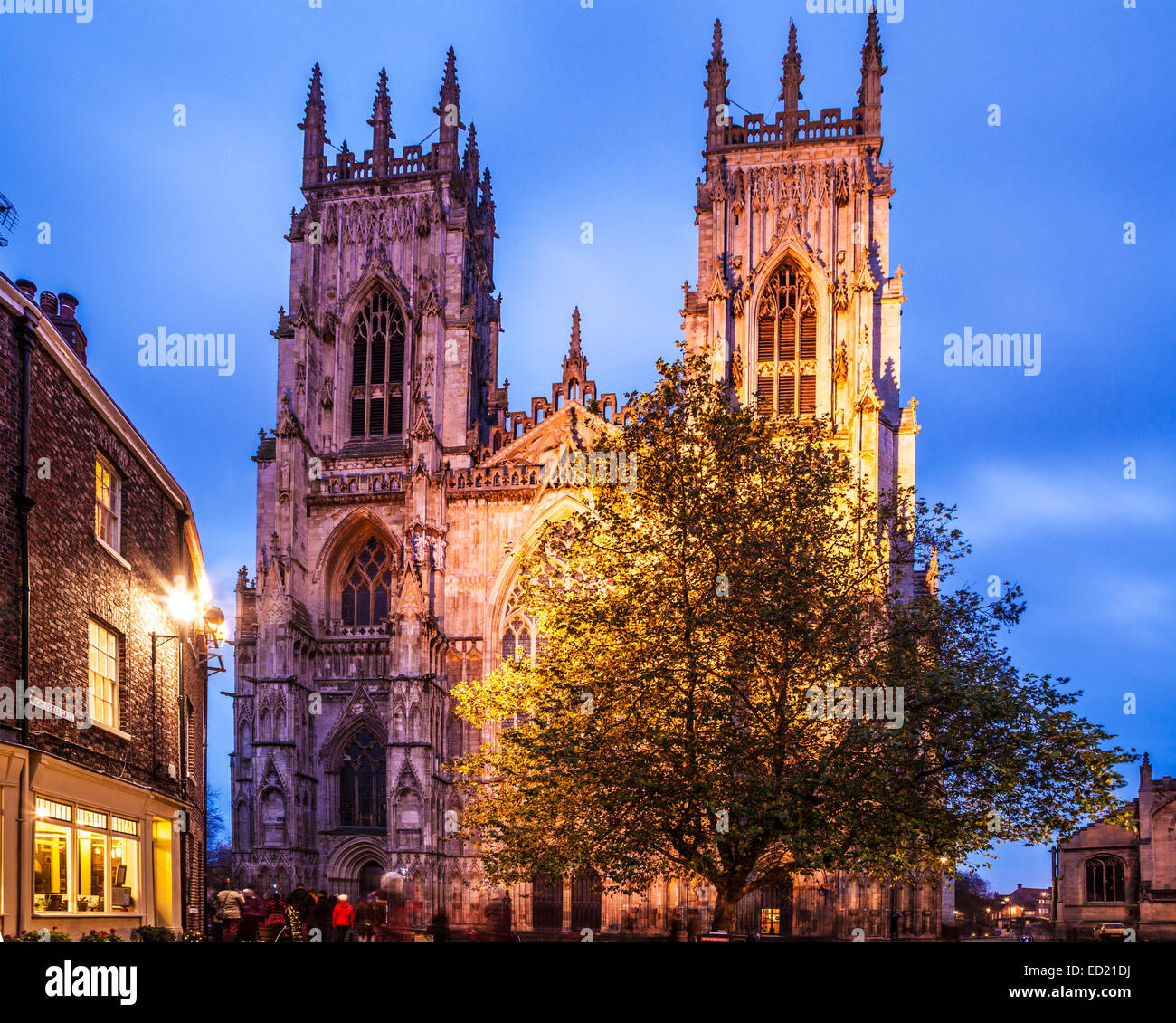 York Minster, the cathedral of the city of York, floodlit at twilight. Stock Photo