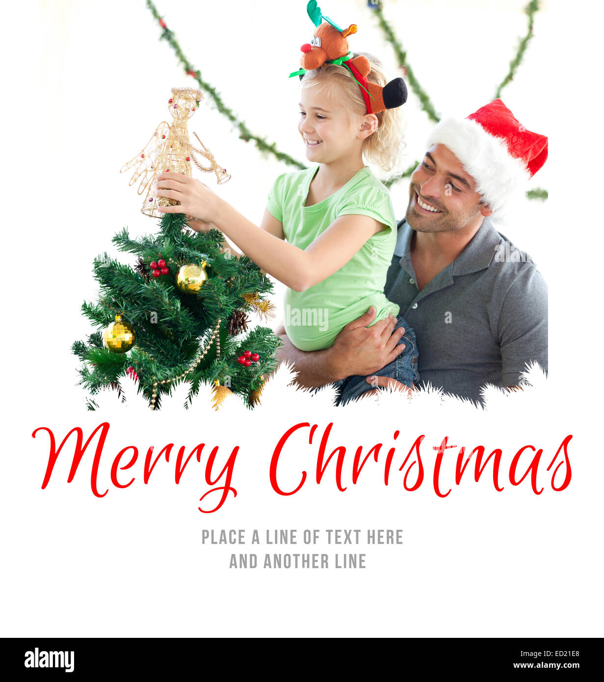 Composite image of cute little girl decorating the christmas tree with ...