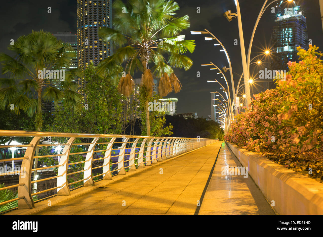 scenic illumination of pedestrian walkway in Singapore downtown by night Stock Photo