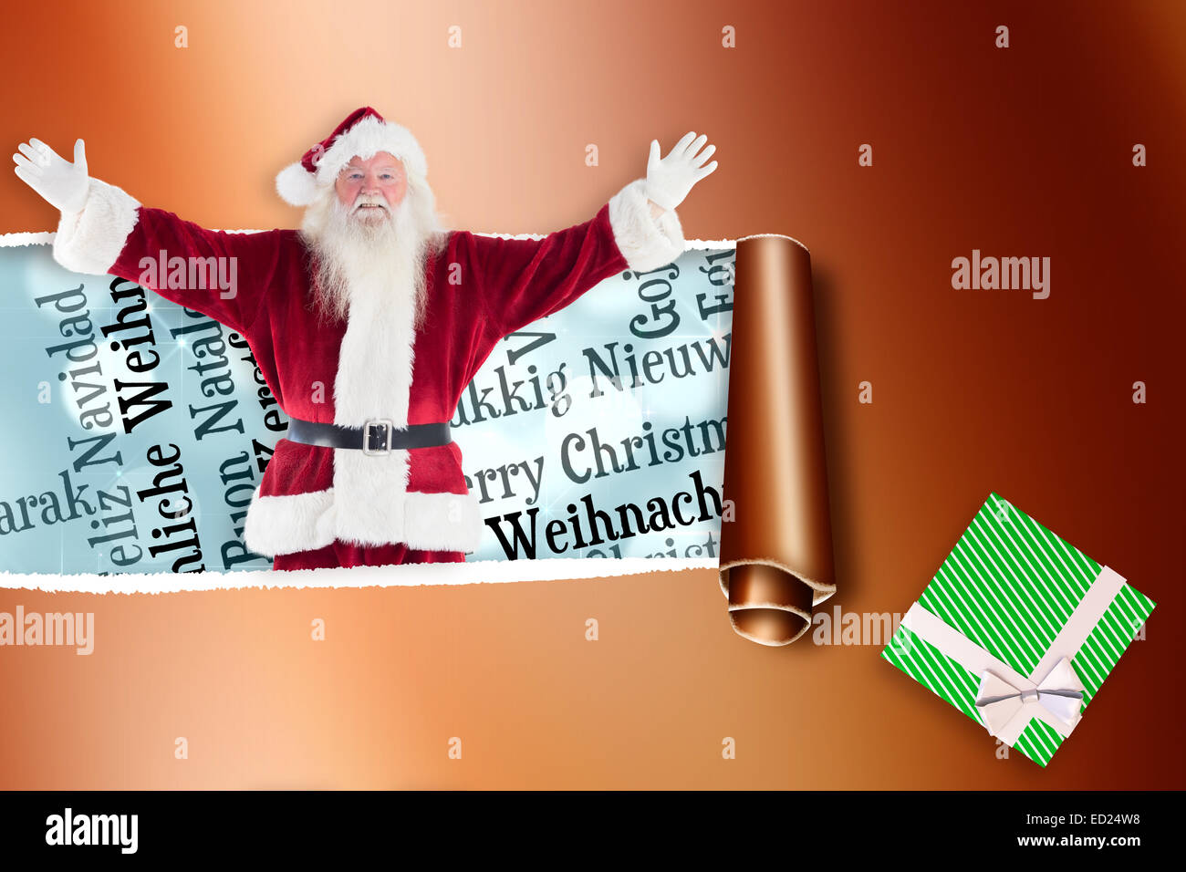 Composite image of jolly santa opens his arms to camera Stock Photo - Alamy