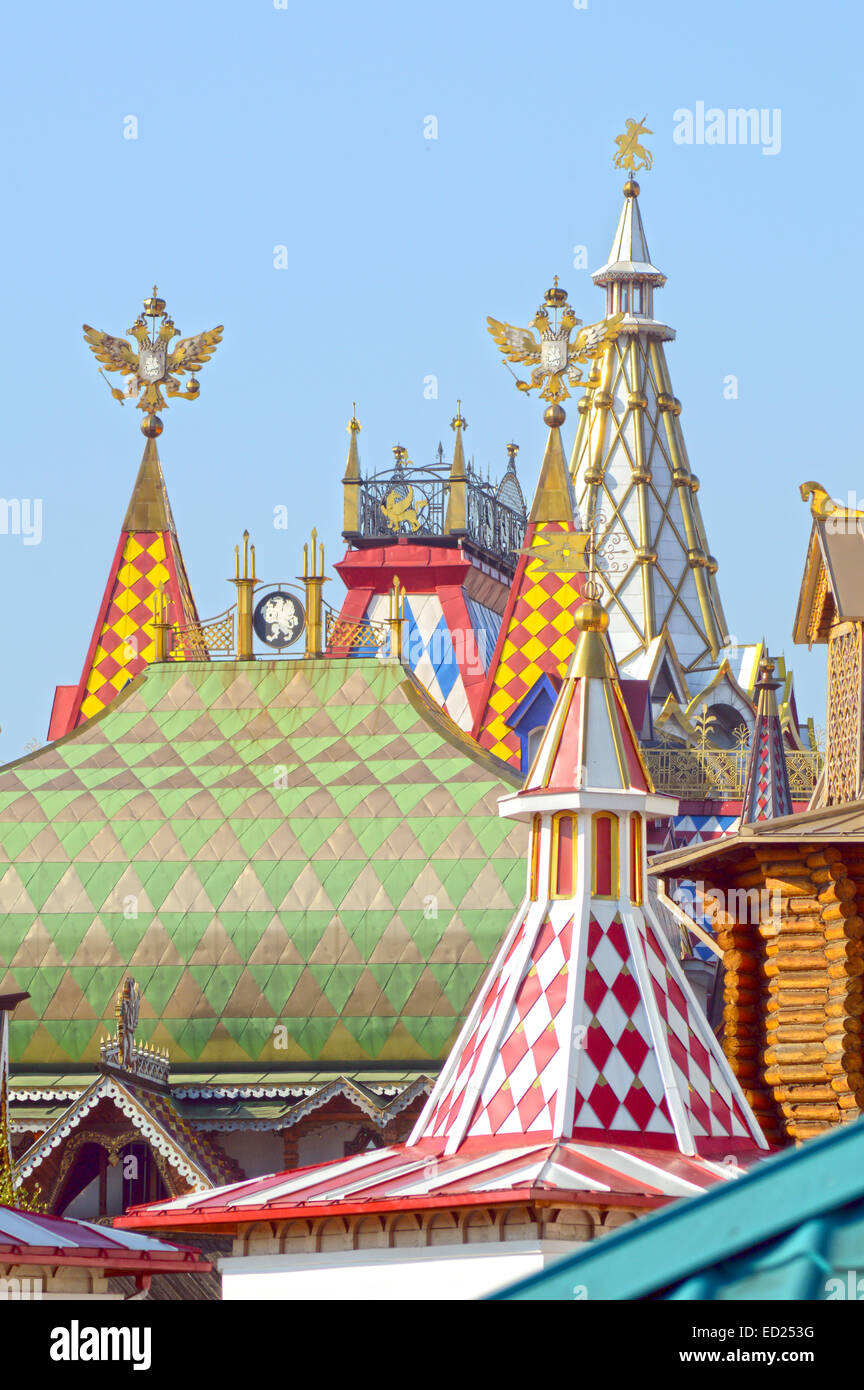 The Kremlin in Izmailovo Roofs, spiers, double-headed eagles Sunny day Stock Photo