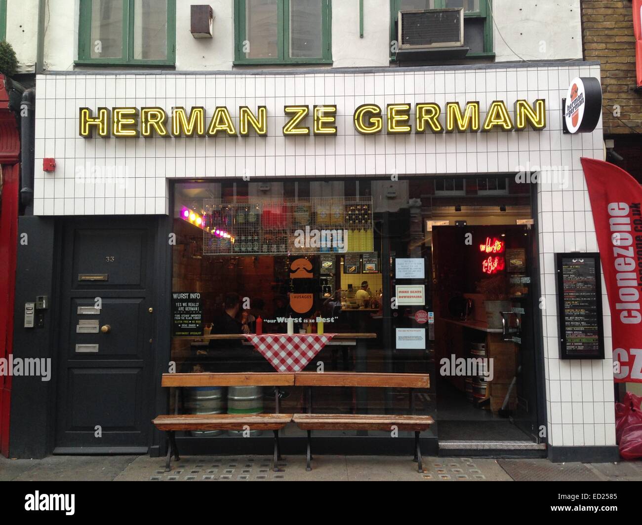 Soho, London, UK. 01st Oct, 2014. The restaurant 'Herman ze German' is open in Soho, London, United Kingdom, 01 October 2014. Arts, culture, and luxury goods 'Made in Germany' are en vogue in London. Shortly before Christmas, Londoners are particularly fond of German food. Photo: Marc Schaefer/dpa/Alamy Live News Stock Photo