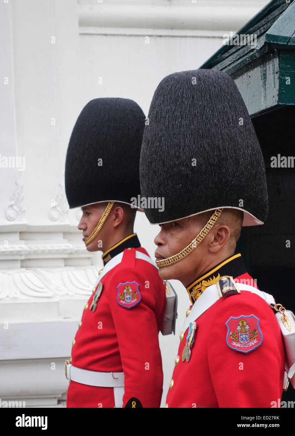 Royal Thai Army guards at their quarters at tourist attraction the Grand Palace in Bangkok, Thailand. Stock Photo