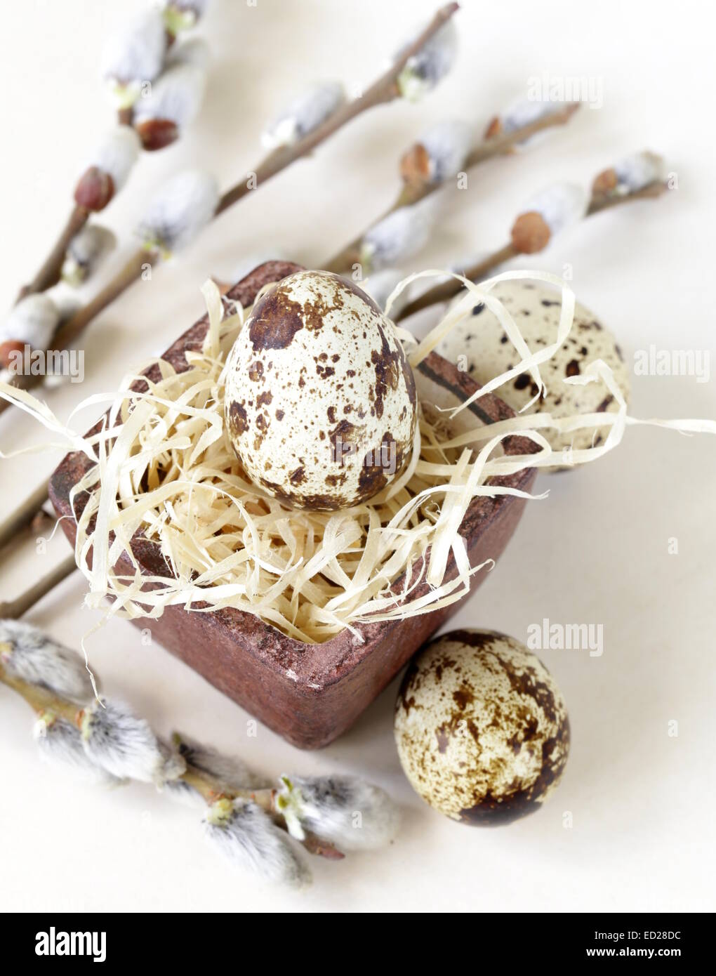 Easter composition of willow branches and eggs Stock Photo - Alamy