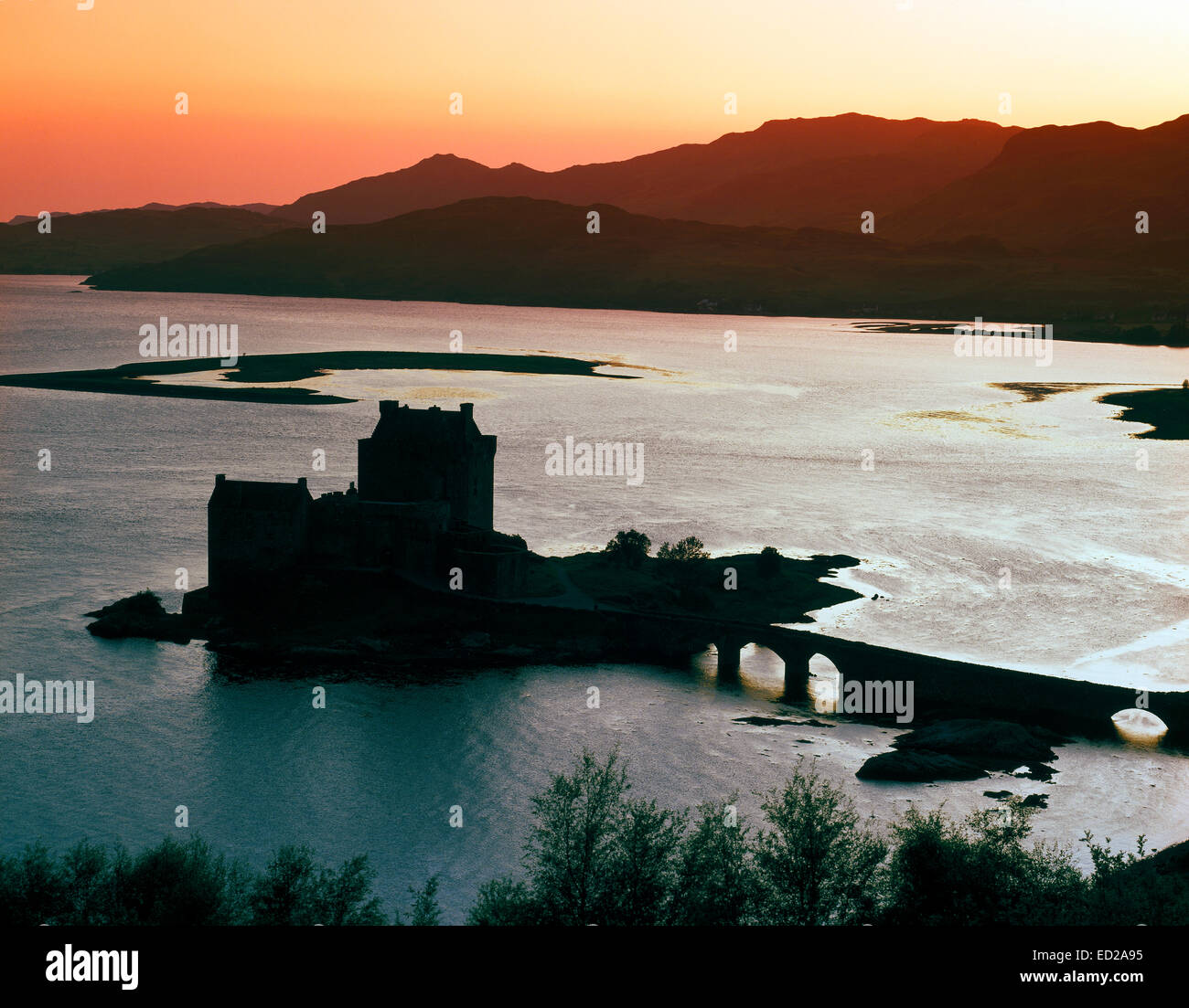 Eilean Donan Castle silhouette, Loch Duich, Highland Region, Scotland, UK. Stock Photo