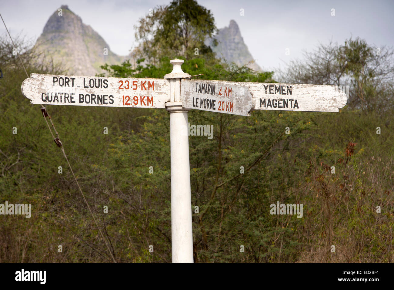 Mauritius, Tamarin, signpost below Montagne du Rempart Stock Photo