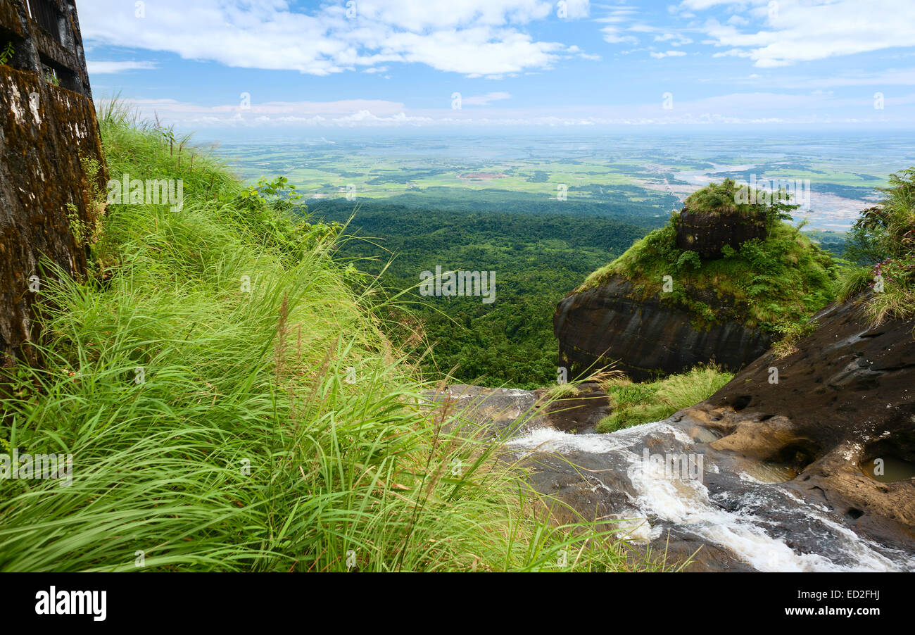 Waterfall over the Khasi Hills overlooking the road and forests of Bangladesh near Cherrapunjee, north east India. Stock Photo