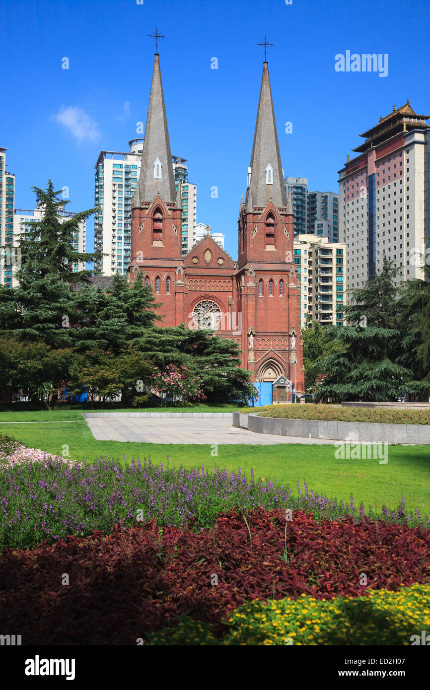Cityscape - the square of St. Ignatius Cathedral, also referred to as Xujiahui Cathedral ,one of most famous Catholic cathedral  Stock Photo