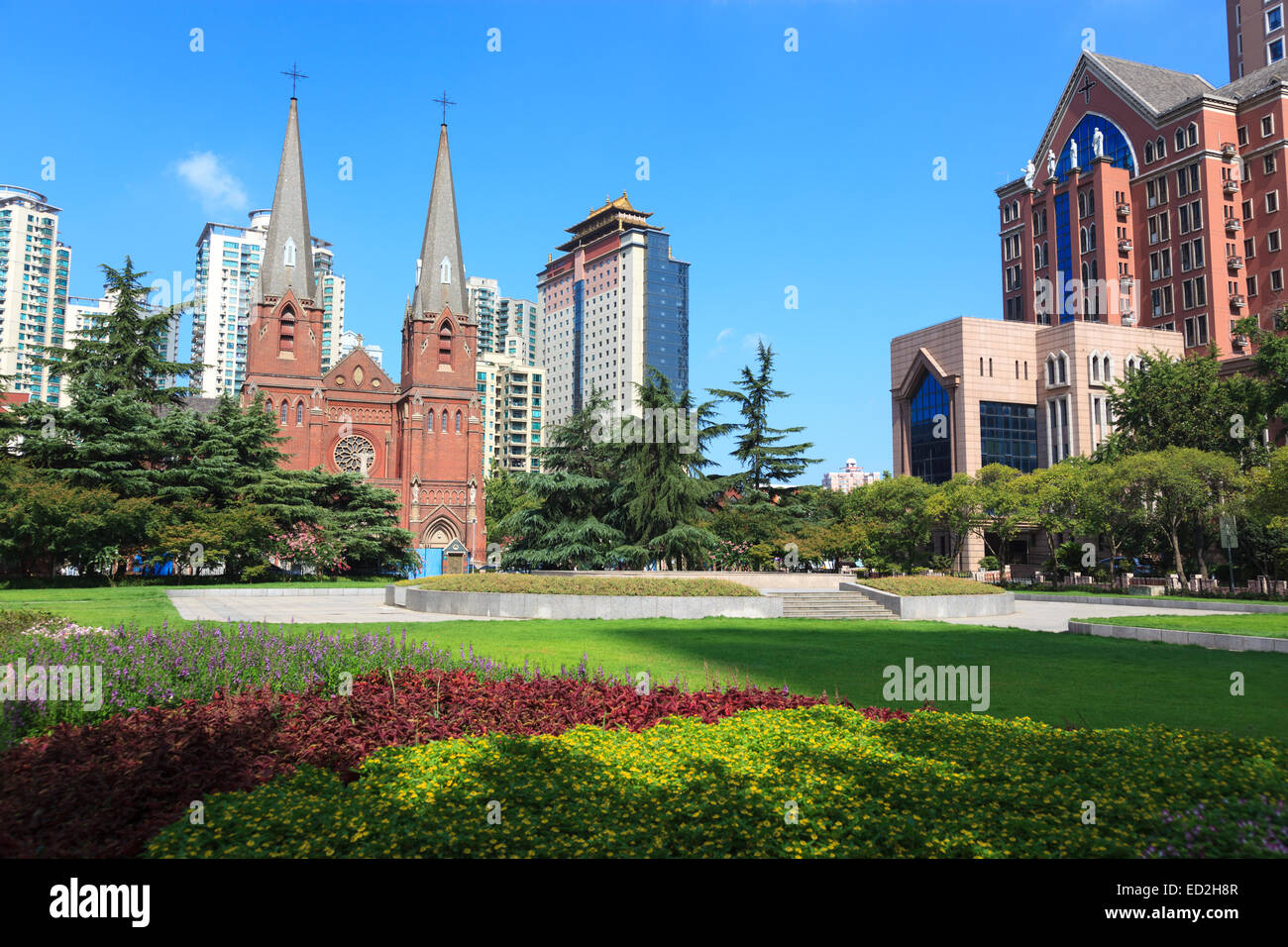 Cityscape - the square of St. Ignatius Cathedral, also referred to as Xujiahui Cathedral ,one of most famous Catholic cathedral  Stock Photo