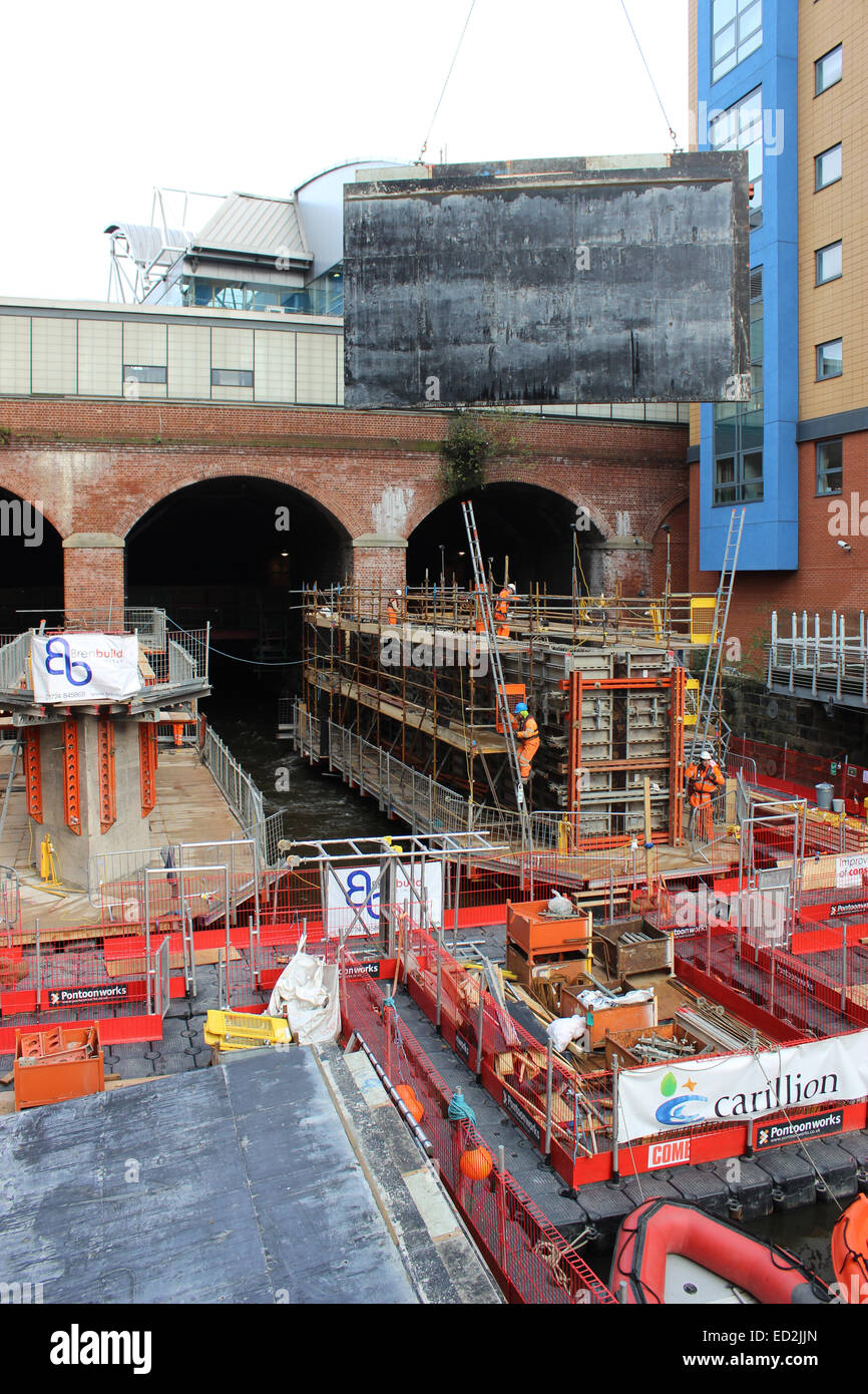 Construction work for the new South entrance to Leeds railway station showing the foundations