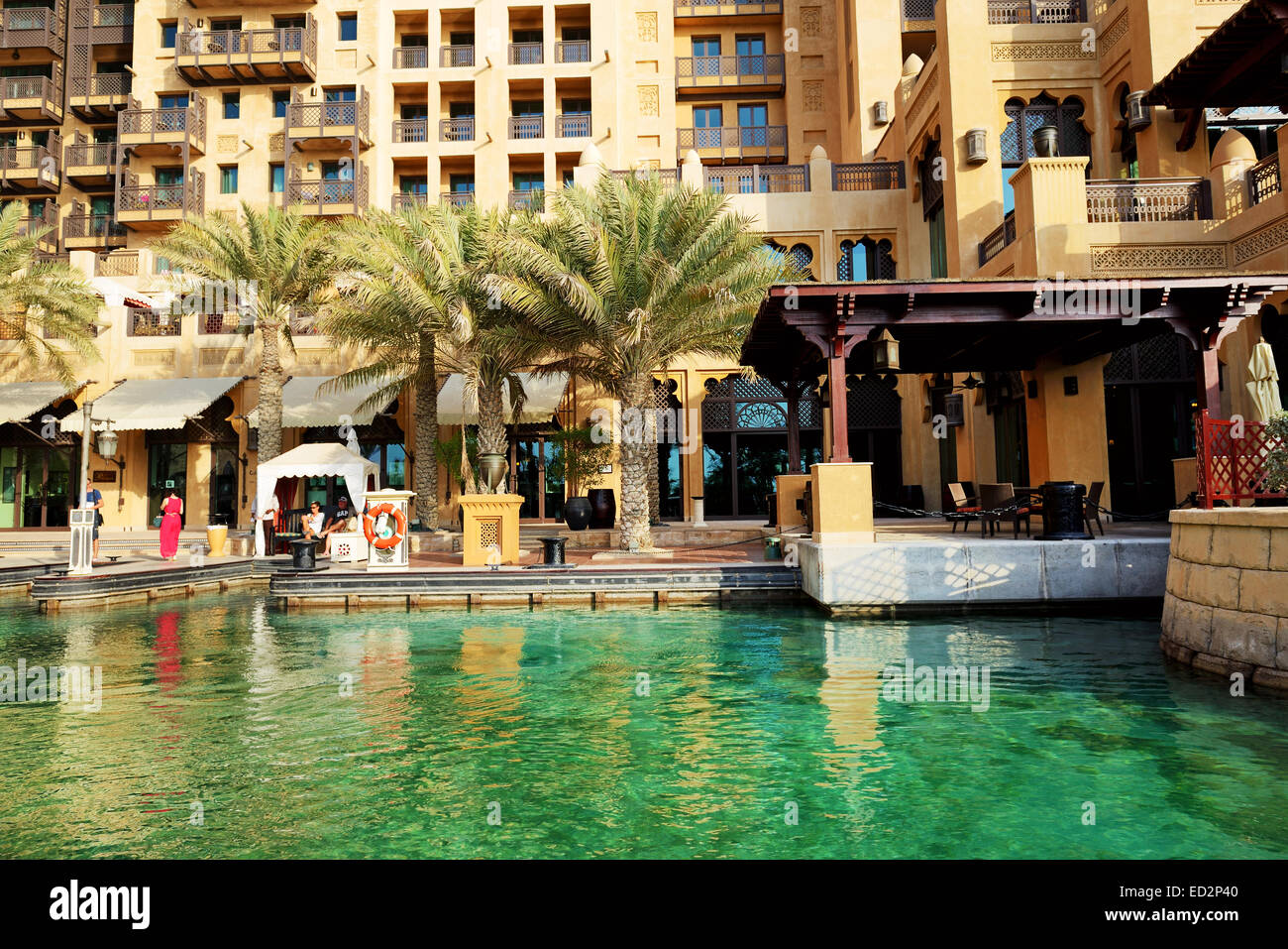 View of the Souk Madinat Jumeirah and tourists waiting for abra boat Stock Photo