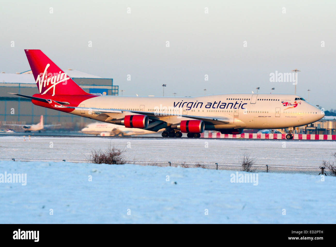 Virgin Atlantic Boeing 747-400 slows to a halt on runway 05L at Manchester airport. Stock Photo
