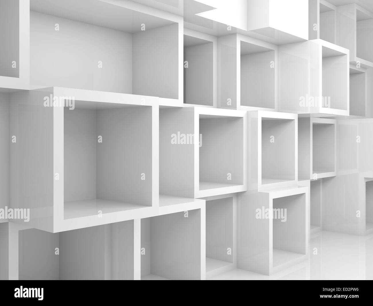 Abstract empty 3d interior with white square shelves on the wall Stock