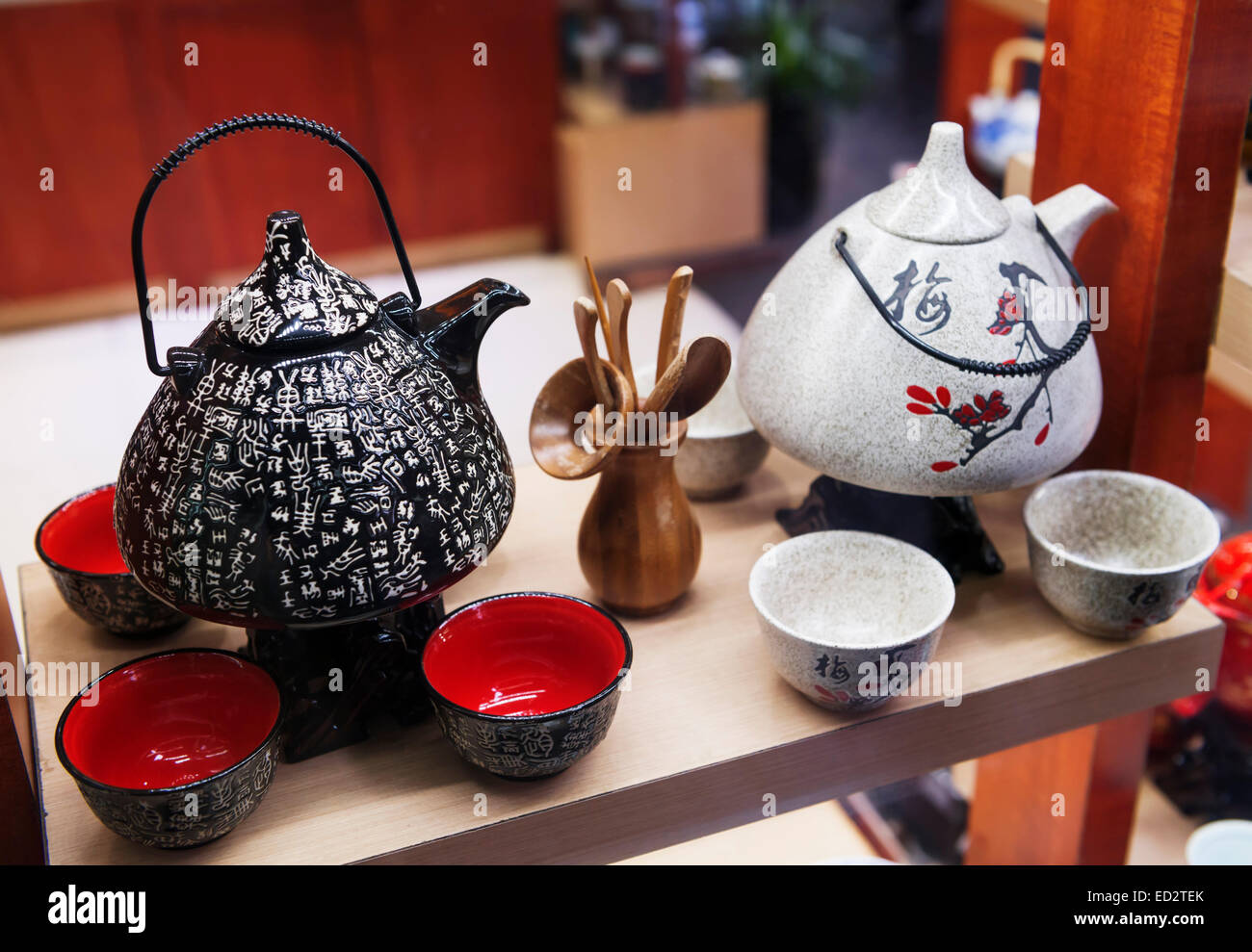 Chinese tea sets teapot and cups on display at a store in Shanghai