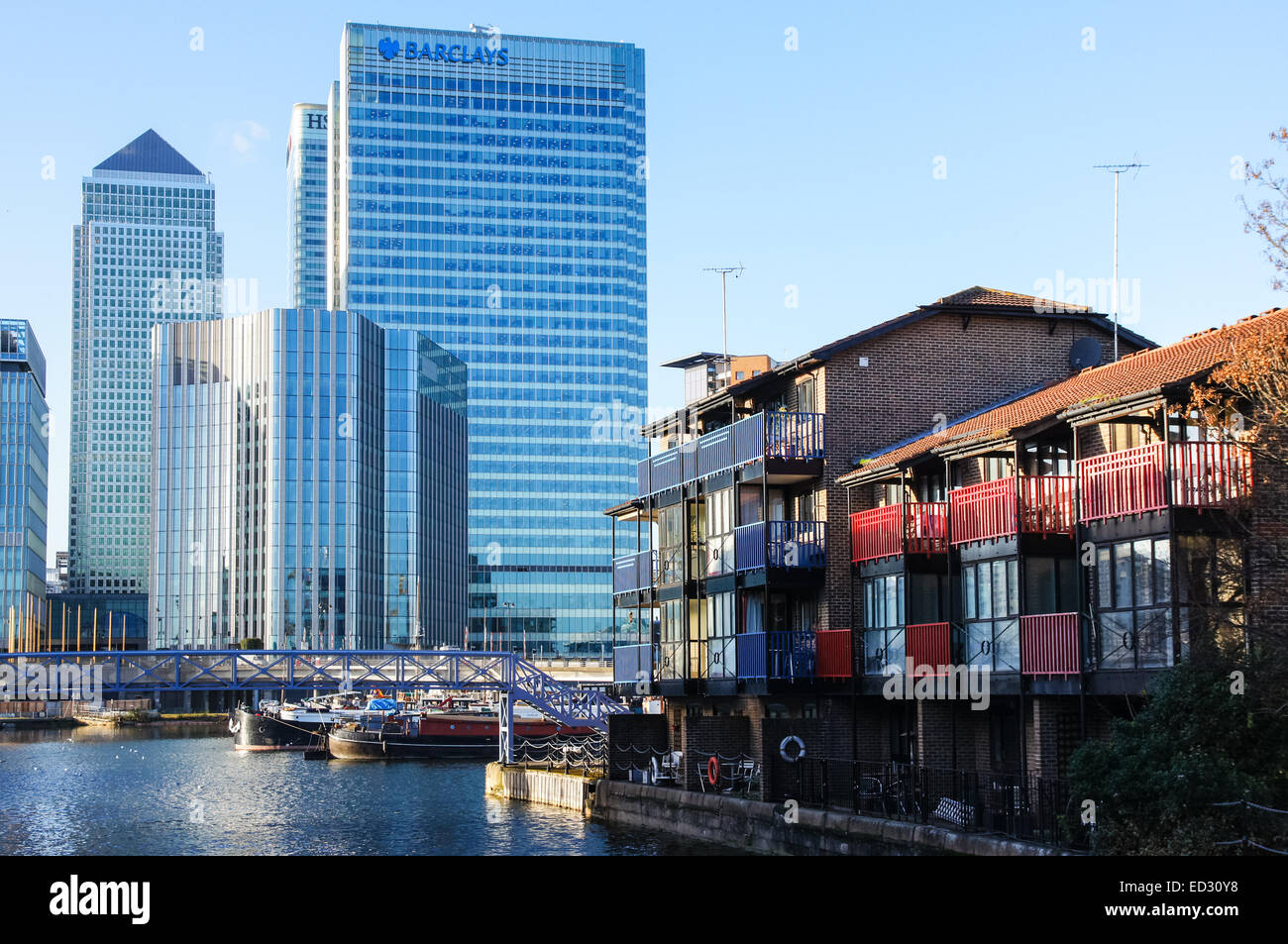 Blackwall Basin with skyscrapers and residential buildings in Canary