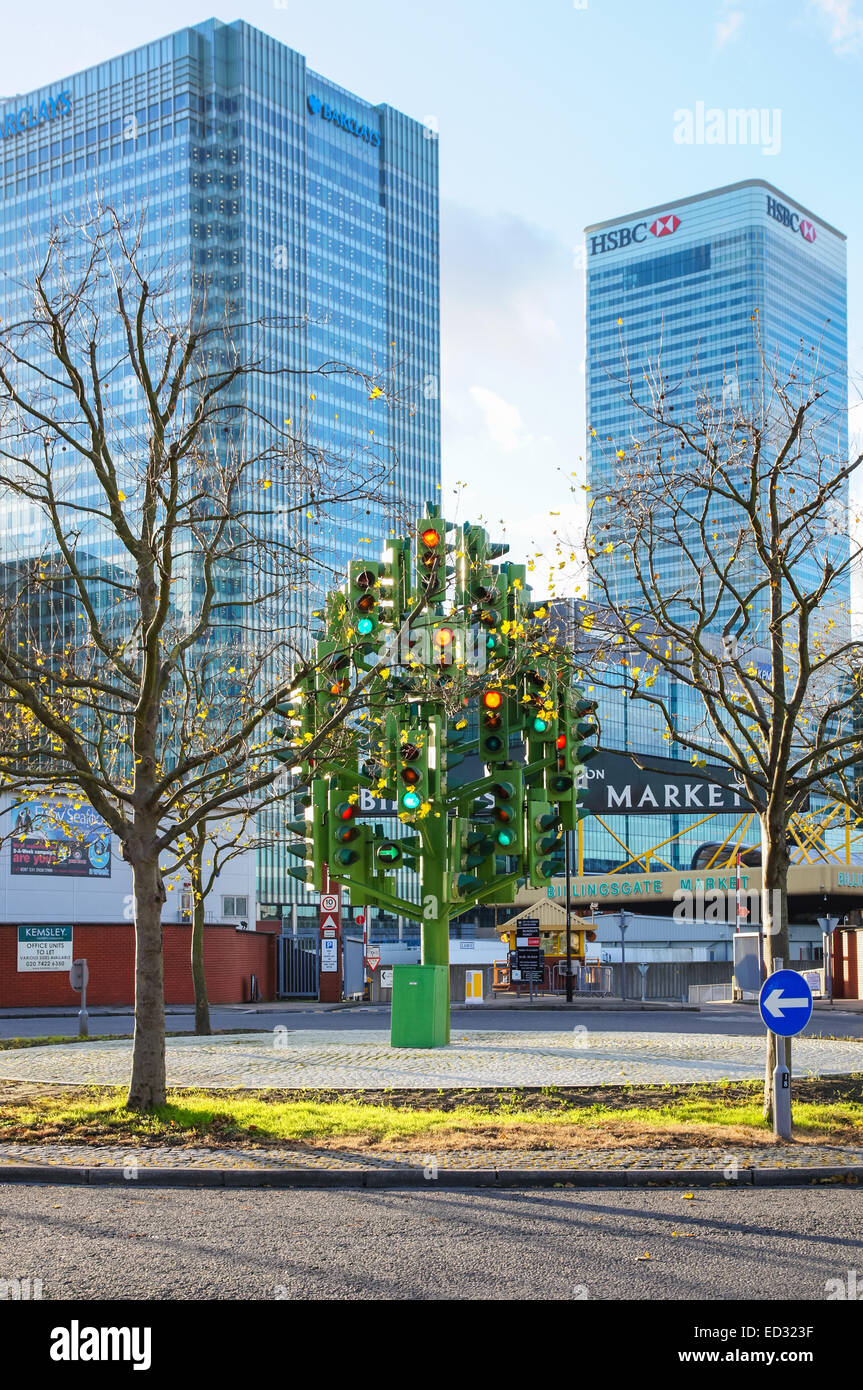 Traffic Light Tree sculpture by Pierre Vivant at Canary Wharf, London