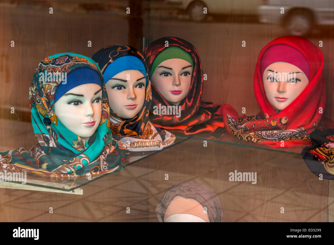 Head scarf presentation in a shop, Kerman, Iran Stock Photo