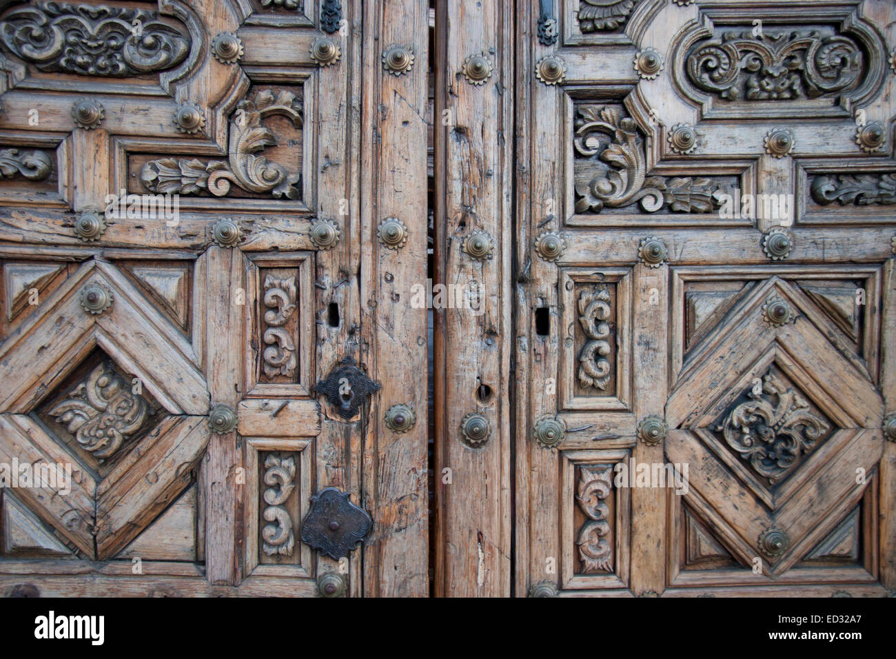 Hand-carved wooden doors, Palacio de Gobierno, Morelia, Michoacan, Mexico Stock Photo