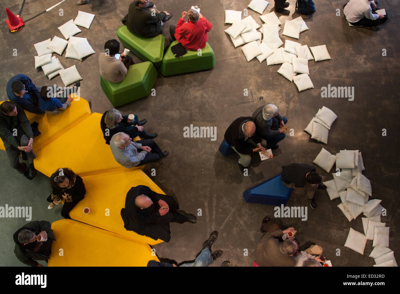 Looking down onto the crowd at The University Art Museum in Berkeley, California. Stock Photo