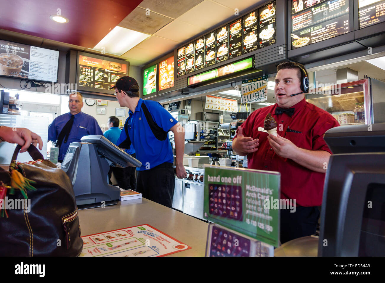 Illinois Gibson City,McDonald's,fast food,restaurant restaurants dining cafe cafes,counter,man men male,employee employees worker workers working staf Stock Photo