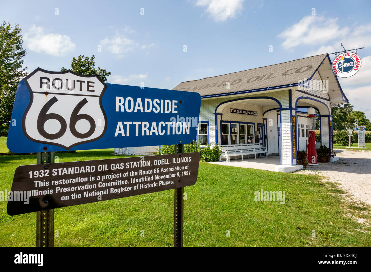 Illinois Odell,historic highway Route 66,1932 Standard Oil Gas Station,petrol,sign,roadside,information,IL140905053 Stock Photo