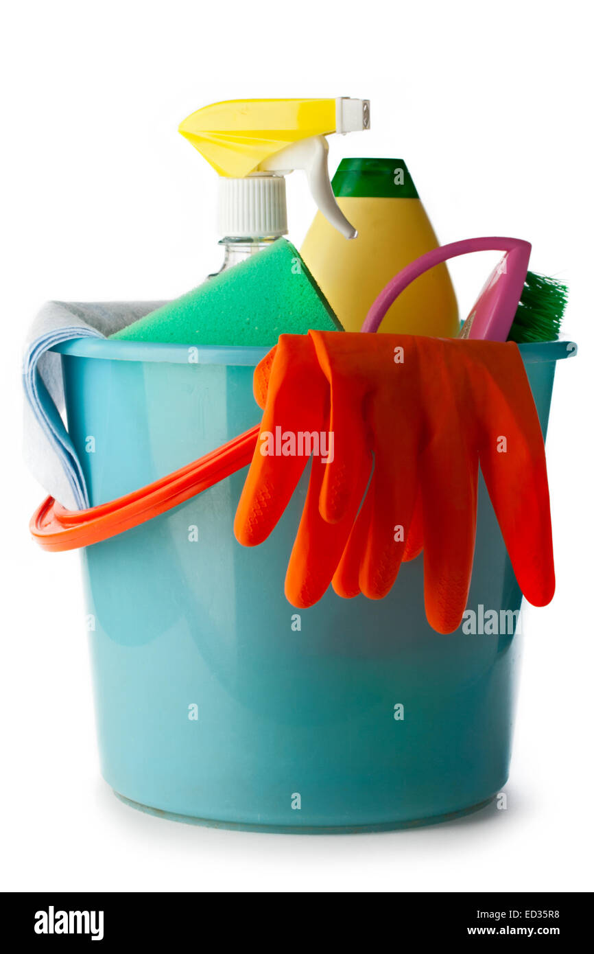 Plastic bucket with cleaning supplies isolated on white background