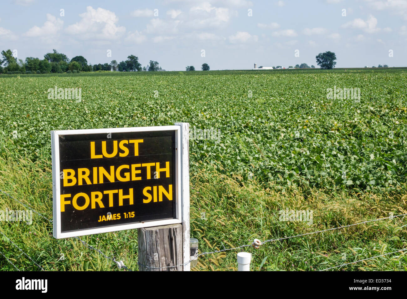 Illinois Arthur,rural,road,farm field,sign,James 1:15,bible,biblical quote,lust bringeth forth sin,IL140904068 Stock Photo