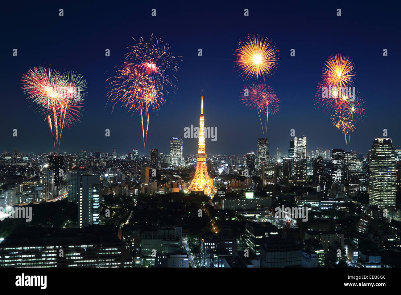 Fireworks celebrating over Tokyo cityscape at night, Japan Stock Photo ...