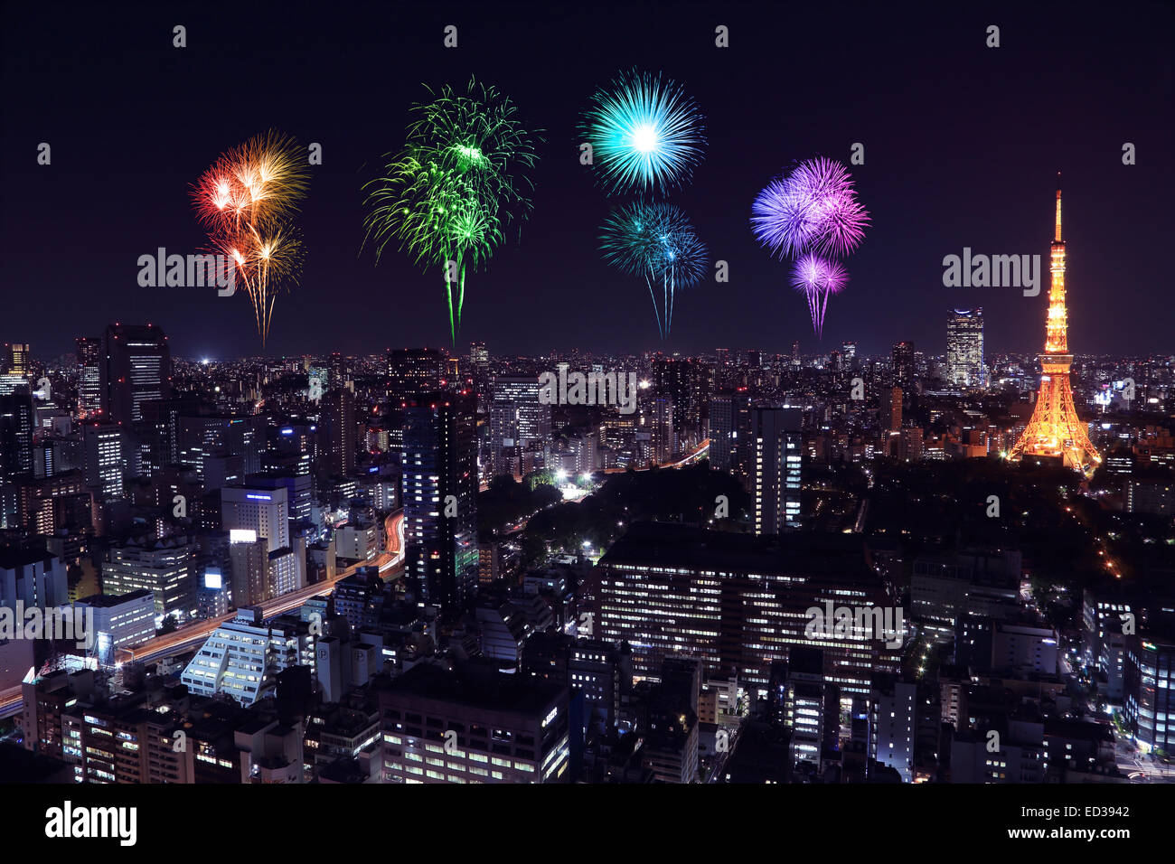 Fireworks celebrating over Tokyo cityscape at night, Japan Stock Photo ...