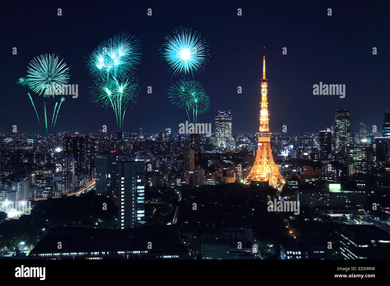 Fireworks celebrating over Tokyo cityscape at night, Japan Stock Photo ...