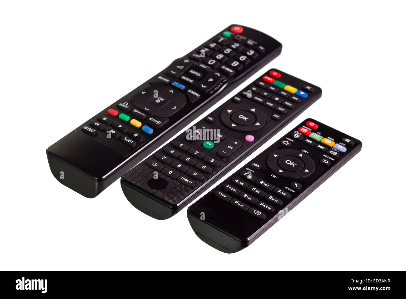 3 different type of remote controls on isolate white background. Stock Photo