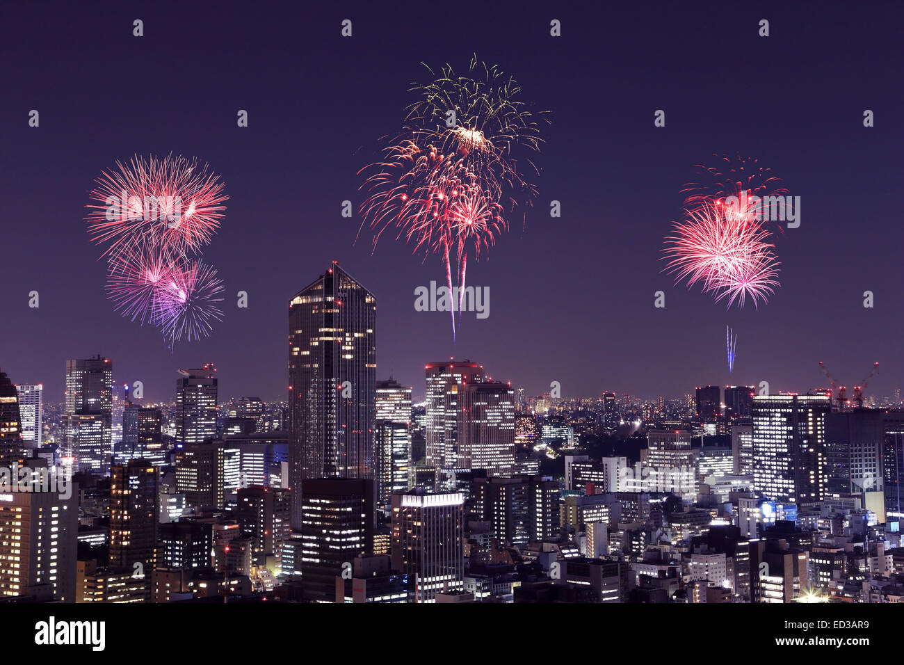 Fireworks celebrating over Tokyo cityscape at night of Japan Stock ...