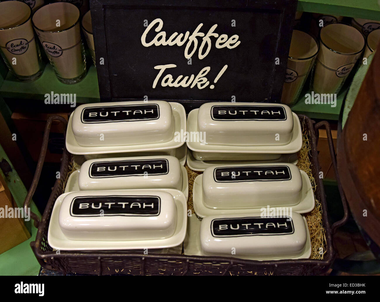 A display of butter dishes for sale mocking Brooklyn accents at the