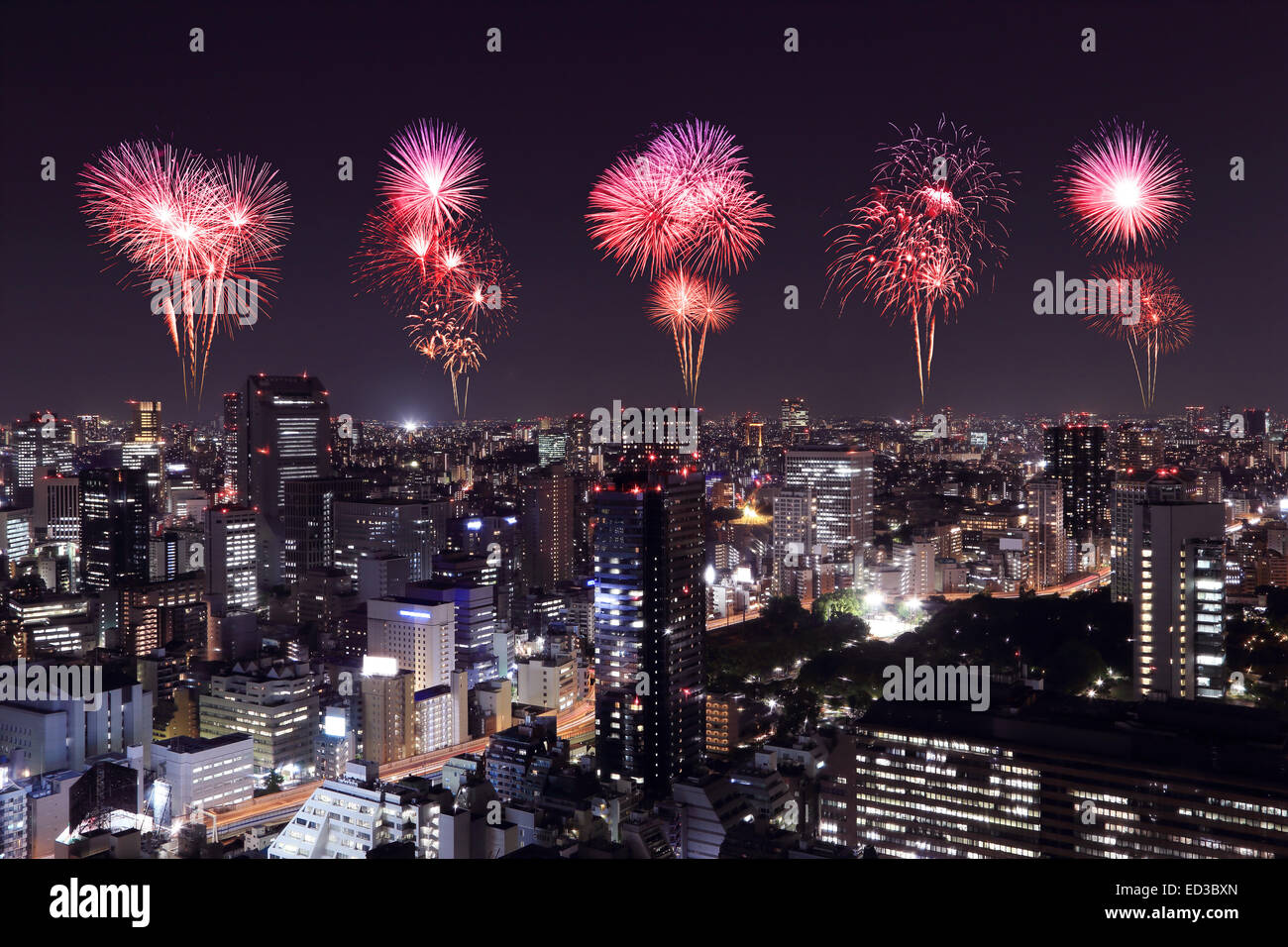 Fireworks celebrating over Tokyo cityscape at night of Japan Stock ...