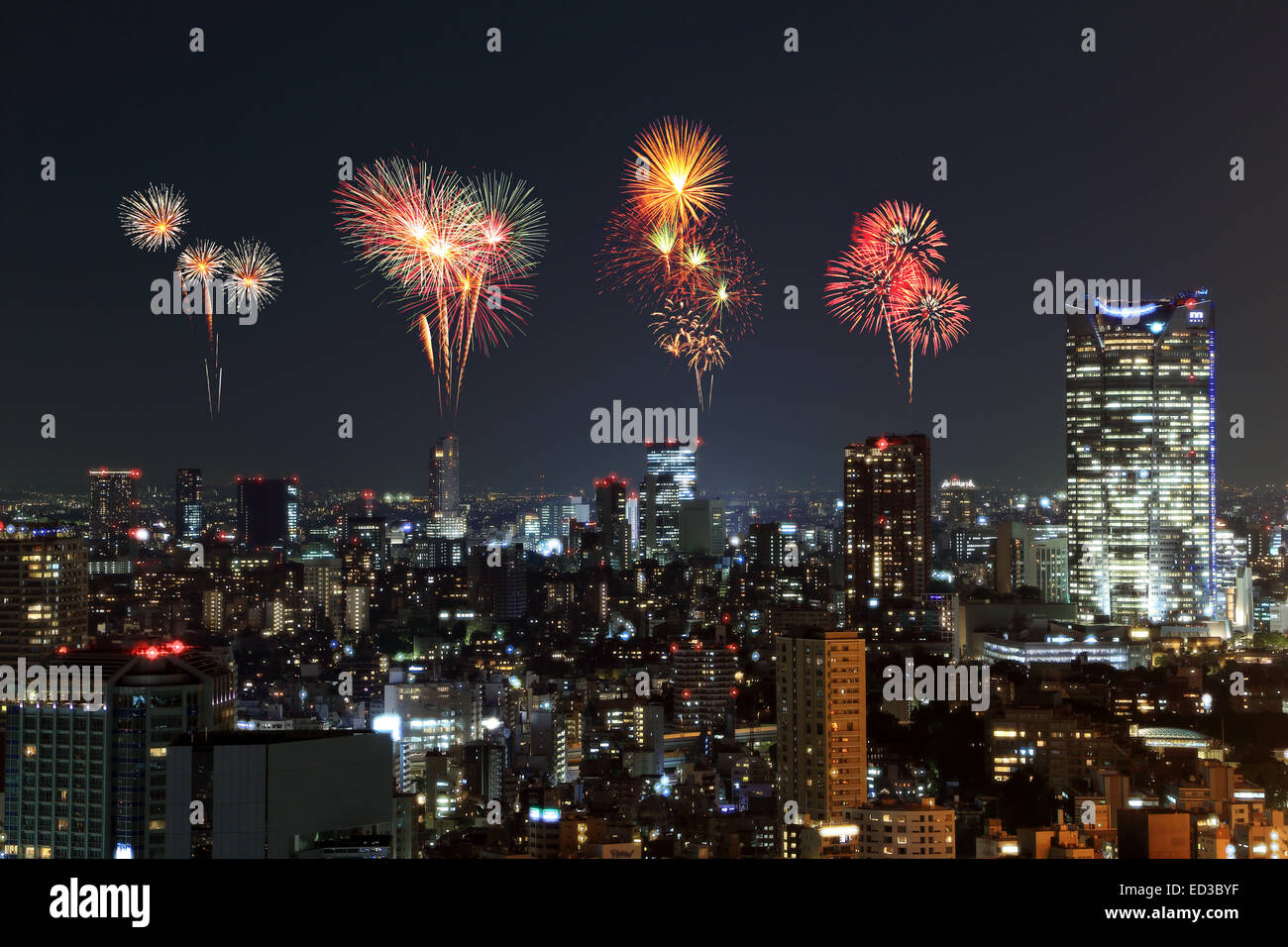 Fireworks celebrating over Tokyo cityscape at night of Japan Stock ...