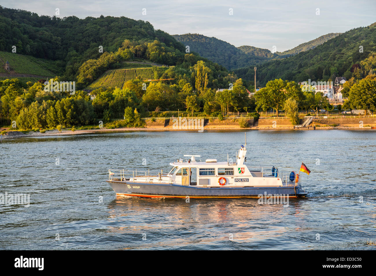 Rhine at Königswinter, Seven Mountains, Castle Drachenfels, patrol boat river police Stock Photo